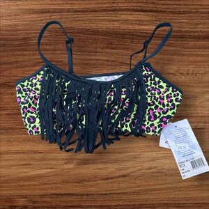 Capezio‎ Fringe Bra Top Medium Neon Yellow Pink Leopard festival Dance Workout